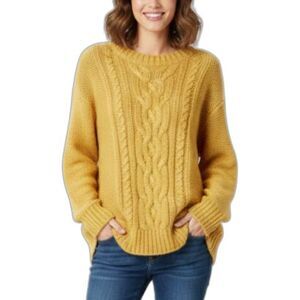 Wooden Ships Womens Yellow Mohair Blend Cable Chunky Knit Crewneck Sweater Sz XS